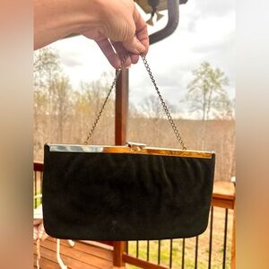 Vtg MCM Black Suede 1960 Envelope Shoulder/Clutch Evening Bag w/Gold Accents